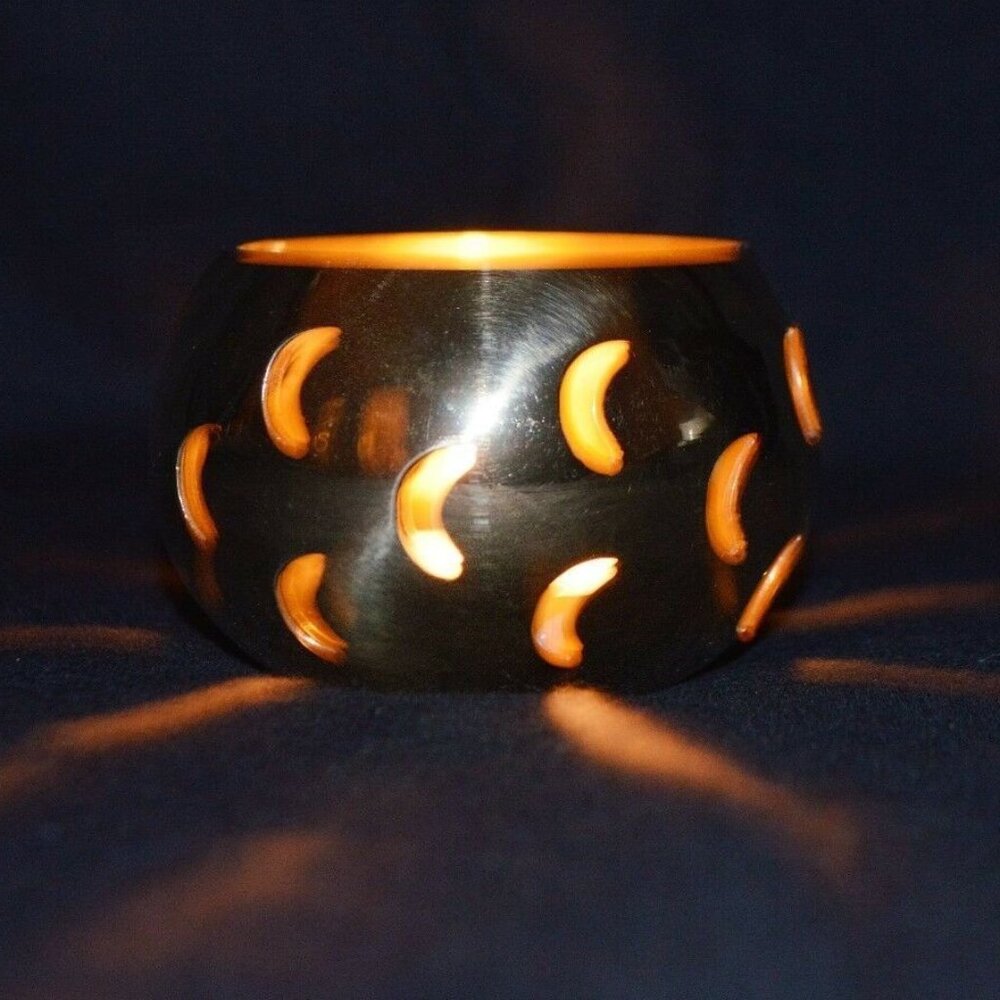 NEW Old Stock Small Brass Round with Moons Votive Candle Tea Light Holder